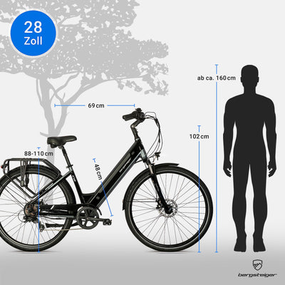 Bergsteiger Hampton 28 Zoll City E-Bike mit 250 Watt Motor, Scheibenbremsen, Aluminium Ebike für Damen & Herren, Farbdisplay, Elektrofahrrad mit Shimano 6 Gang-Schaltung