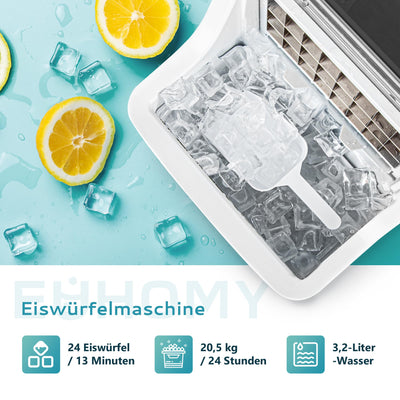 EUHOMY Eiswürfelmaschine Edelstahl, 24 Eiswürfel in 13 Minuten, 24kg/24H Eiswürfelmaschine gastro, selbstreinigender 3,2L Eisbereiter mit Eisschaufel und Korb für Zuhause/Küche/Büro/Bar/RV