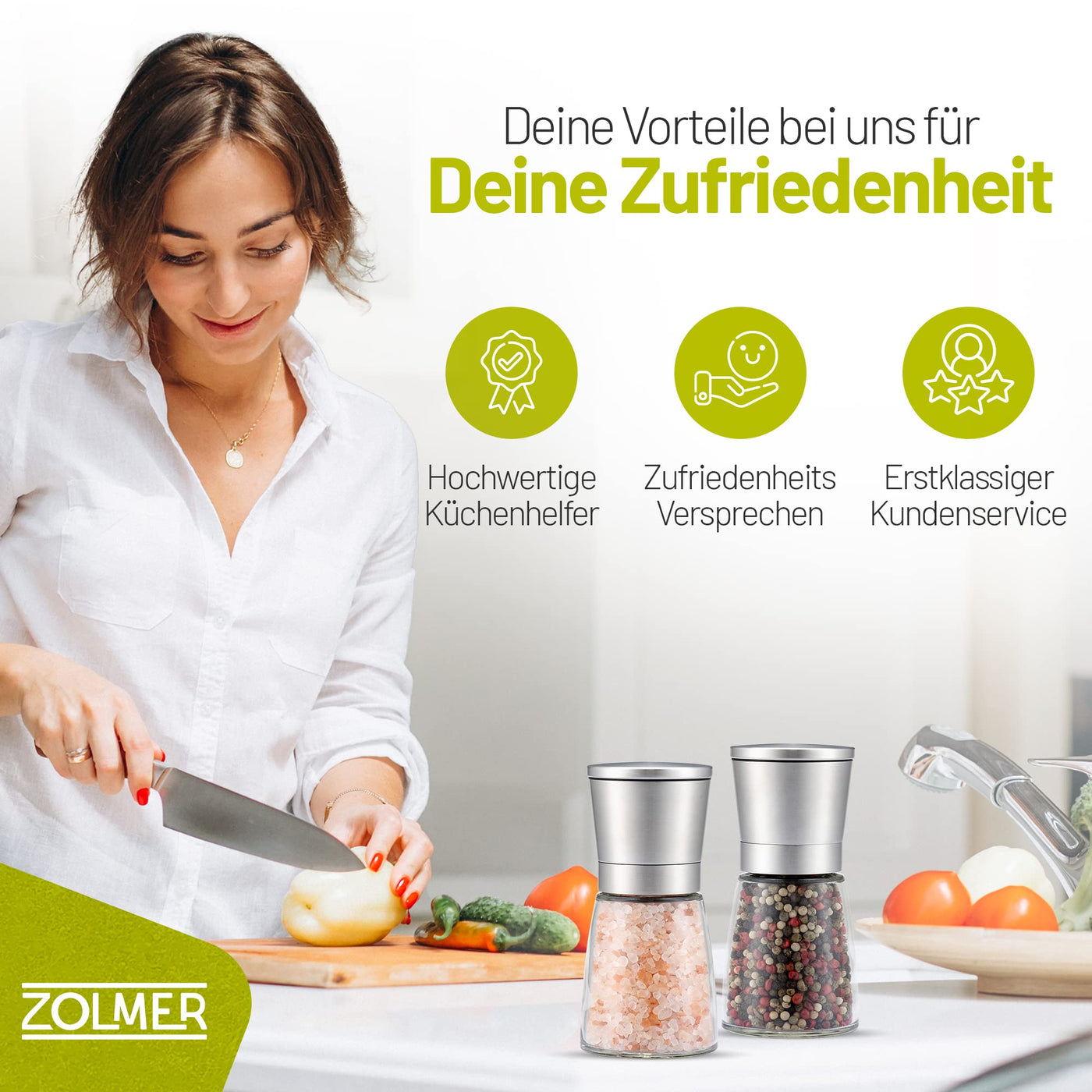 ZOLMER Gewürzmühle 2er Set mit einstellbarem Keramikmahlwerk - Pfeffermühle Edelstahl Pfeffermühle Pfeffermühle Salzmühle Pfeffermühle Salz Pfeffer Mühle