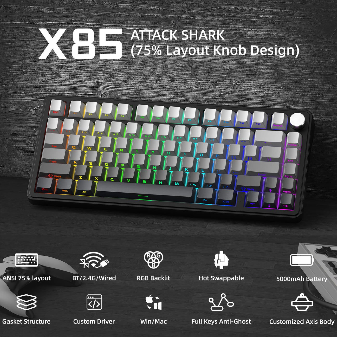 ATTACK SHARK X85 Gasket Mechanische Tastatur mit Drehregler, 75% kabellose Gaming-Tastatur mit fünfschichtiger Polsterung, BT5.0/2.4G/USB-C,RGB, Hot-Swap-fähig, PBT-Tastenkappen (schwarzer)