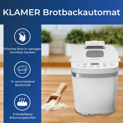 KLAMER Brotbackautomat, 14 Backprogramme, 3 einstellbare Bräunungsstufen, automatische Zubereitung von Brot, Kuchen, Pizzateig, Joghurt & Marmelade, Backform antihaftbeschichtet, Weiß