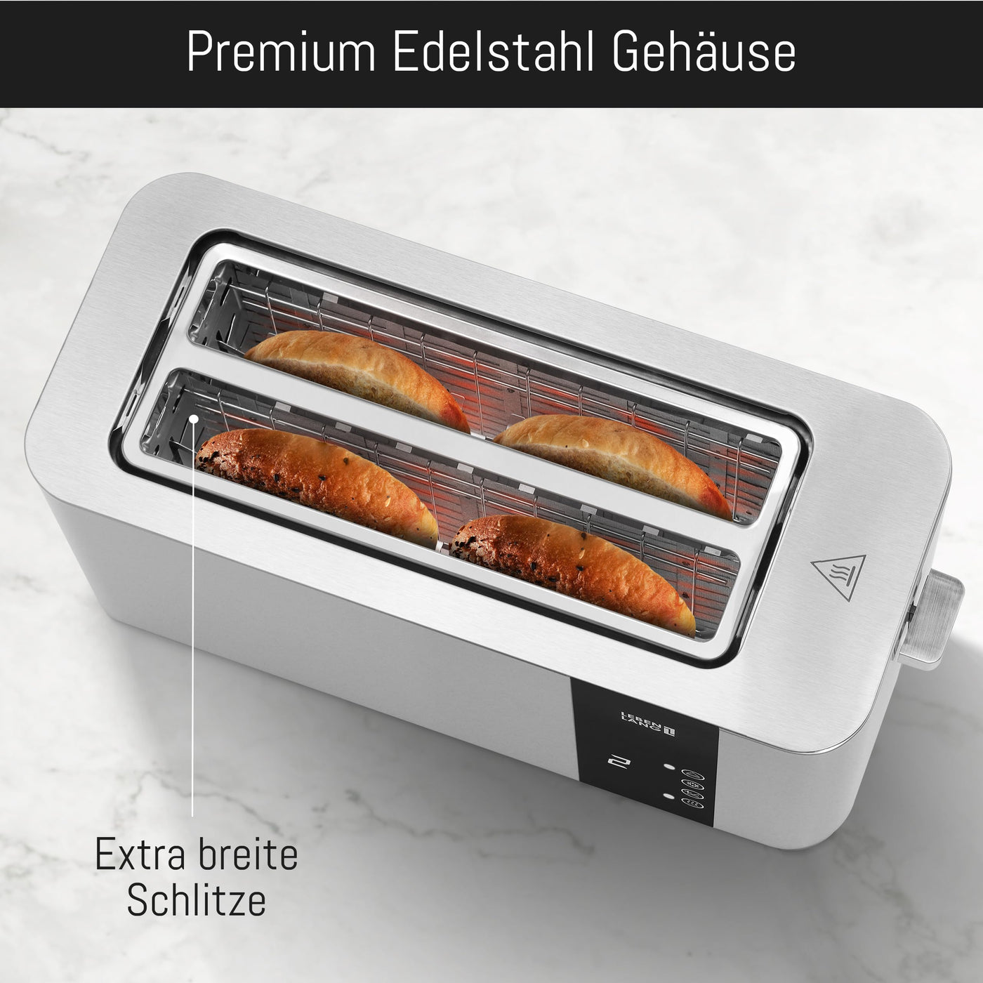 LEBENLANG Langschlitz Toaster 4 Scheiben mit Brötchenaufsatz - Touchscreen LED Display & 7 Stufen I 1400W 4er Langschlitztoaster Edelstahl Gebürstet I Smart Touch Toster für große Toastscheiben xxl