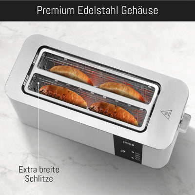 LEBENLANG Langschlitz Toaster 4 Scheiben mit Brötchenaufsatz - Touchscreen LED Display & 7 Stufen I 1400W 4er Langschlitztoaster Edelstahl Gebürstet I Smart Touch Toster für große Toastscheiben xxl