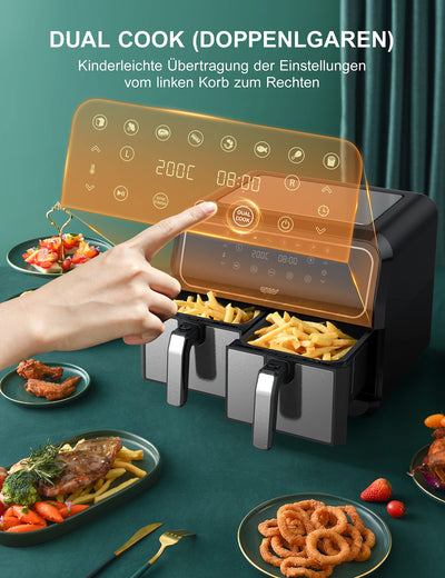 Innsky Dual Zone Heißluftfritteuse 2 Kammernr 8L, 8 Programmen Heissluftfritteuse Doppelt, Airfryer mit 2 Körben, Friteuse Heissluft ohne Öl, Dual Cook, Synchronisieren Fertig Technik, Shake-Modus