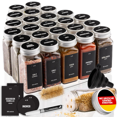 Deco haus® Gewürzgläser eckig mit Schraubkappe 24er Set [+Etiketten & Streueinsatz] - Gewürzdosen Set Glas - Gewürzbehälter Spice Jars - Gewürze Aufbewahrung - Gewürz Organizer Gewürzaufbewahrung