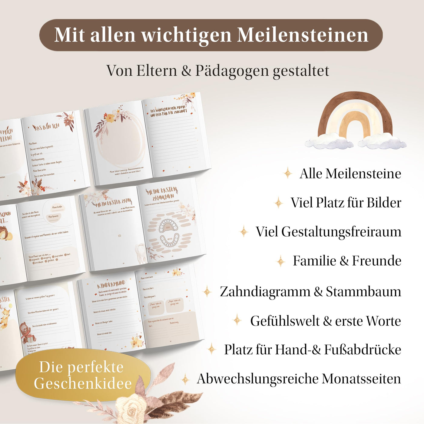 EULENTALER® Das Babytagebuch Boho I Von Pädagogen gestaltet I Mit handgemalten süßen Illustrationen I Din A4 I Babyalbum Mein erstes Jahr I Erinnerungsbuch zum eintragen