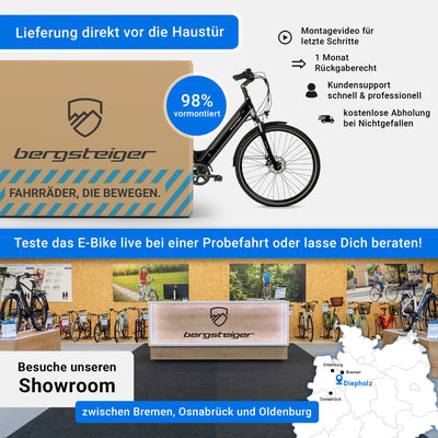 Bergsteiger Hampton 28 Zoll City E-Bike mit 250 Watt Motor, Scheibenbremsen, Aluminium Ebike für Damen & Herren, Farbdisplay, Elektrofahrrad mit Shimano 6 Gang-Schaltung