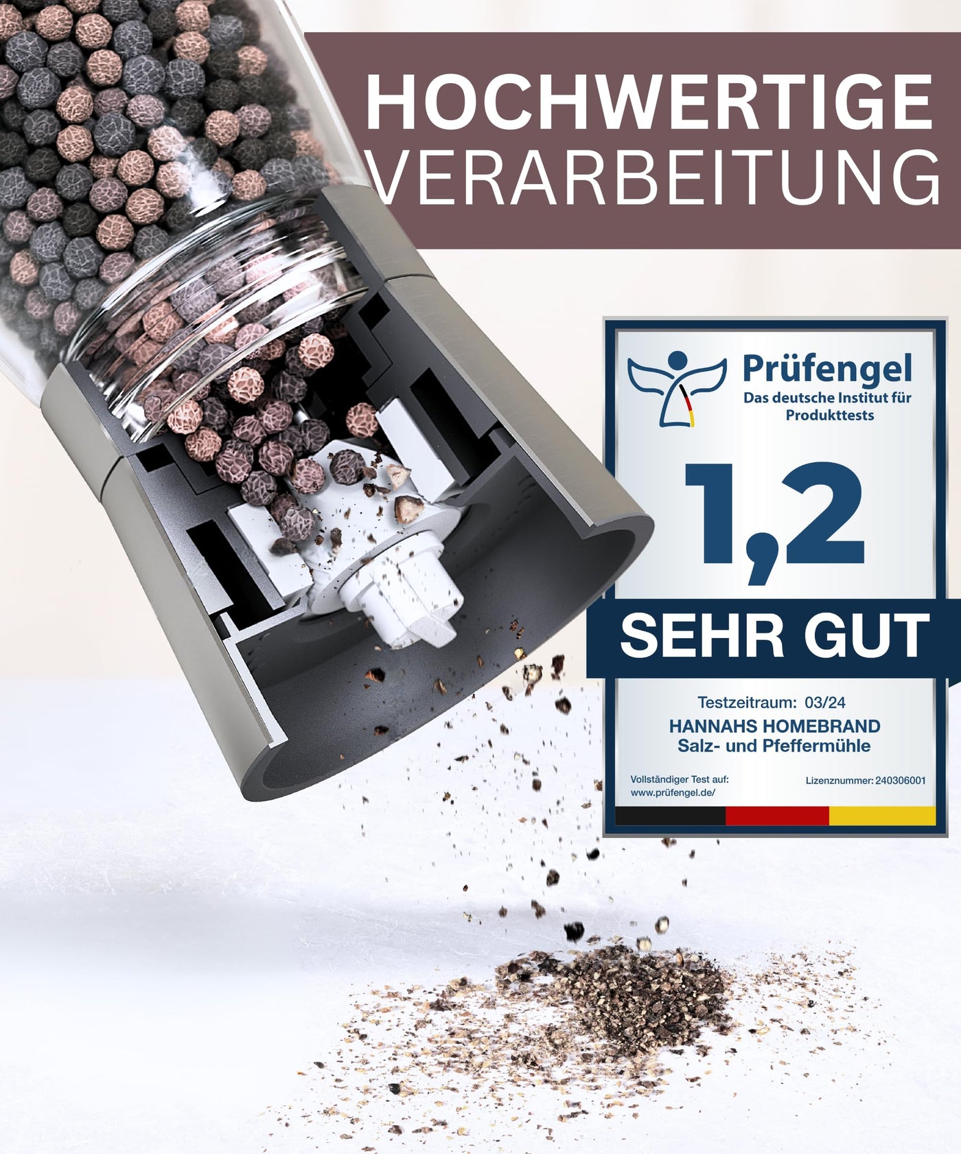 Hannah's Homebrand - Salz und Pfeffermühle mit Keramikmahlwerk - robuste Salzmühle für grobes Salz - ohne Inhalt (2er)