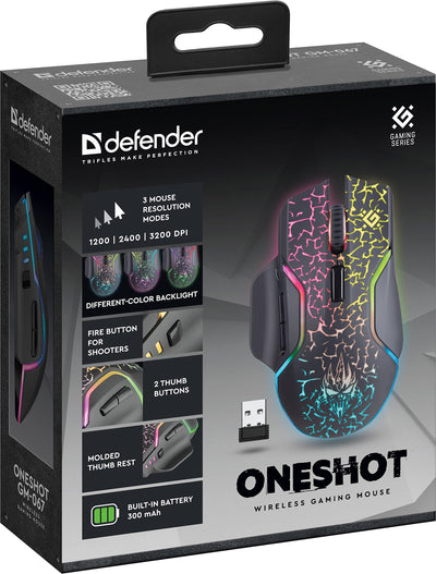 Defender Oneshot kabellose Gaming Maus 3200 DPI, 5 programmierbare Tasten, mehrfarbige RGB-Beleuchtung, bis zu 240 hrs Akkulaufzeit, Computermaus für PC, Mac, Laptop, Schwarz