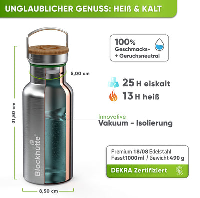 Blockhütte Premium Edelstahl Trinkflasche isoliert I 1L I mit Naturborsten Bürste I Isolierflasche auslaufsicher I Isoflasche spülmaschinenfest für Uni, Büro I BPA Frei