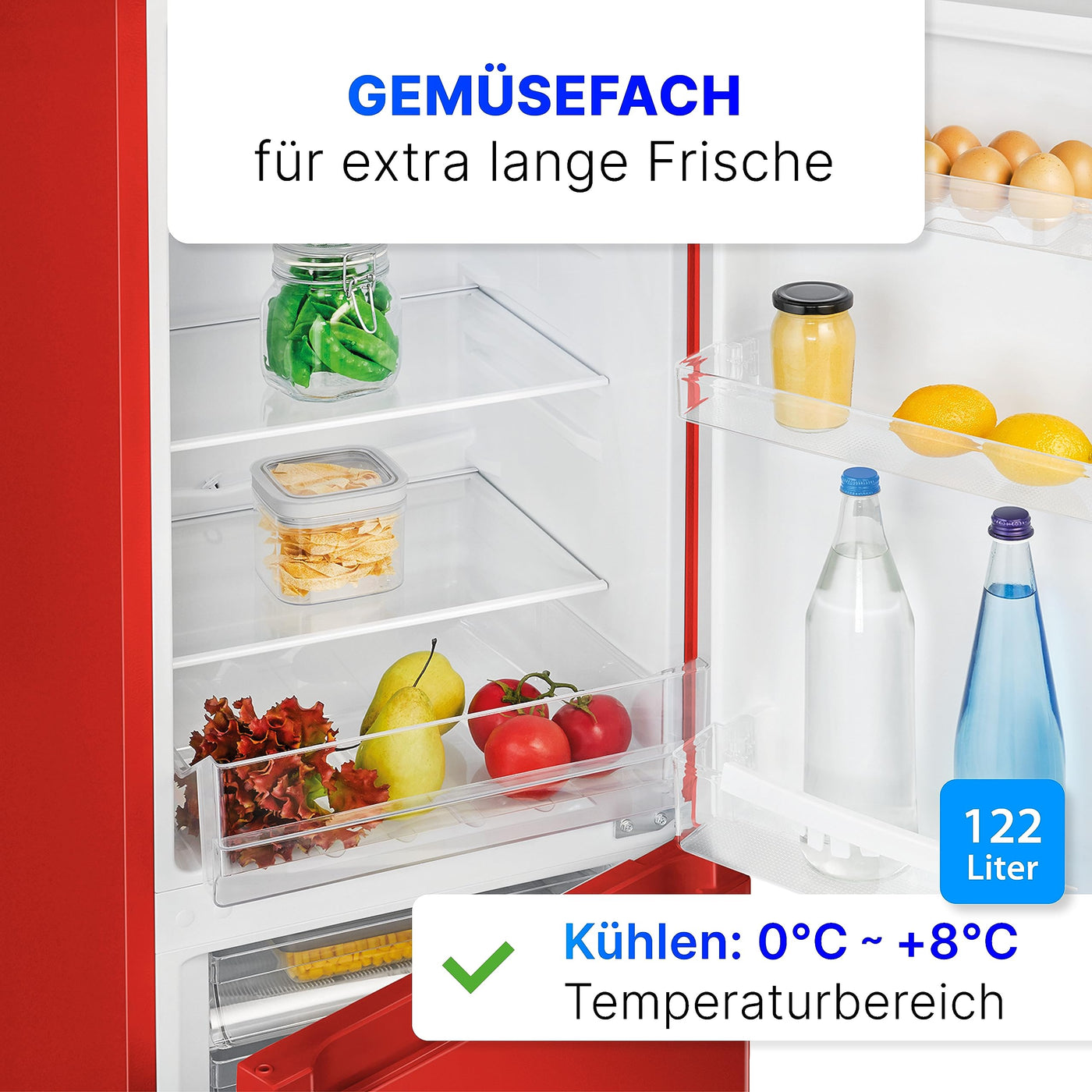 Bomann® Kühlschrank mit Gefrierfach 143cm hoch | Kühl Gefrierkombination 175L mit 3 Ablagen & 3 Schubladen | Türanschlag wechselbar | leise Kühlgefrierkombi 39db | Kühlschrank KG 320.2 rot