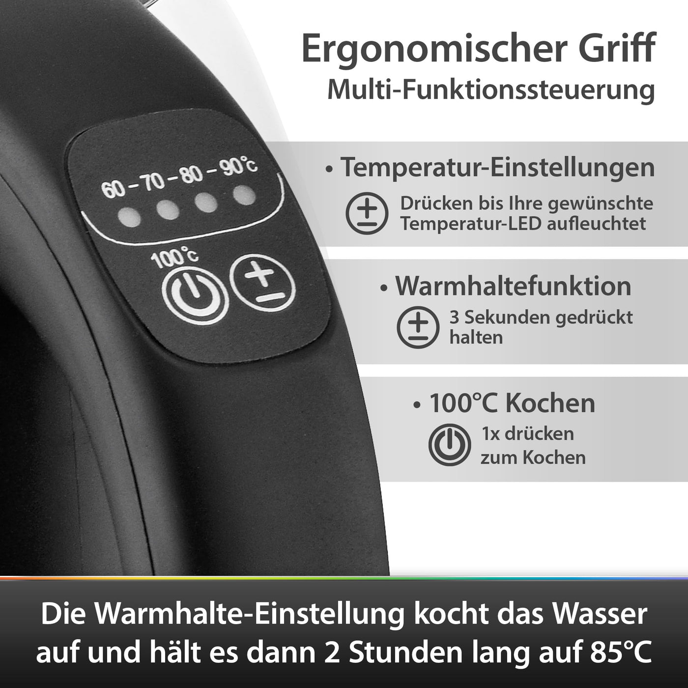 T24 Wasserkocher Glas 1,7 L, Wasserkocher mit Temperatureinstellung 60, 70, 80, 90, 100 °C, Wasserkocher 2.200W, Wasserkocher Schwarz mit LED Beleuchtung