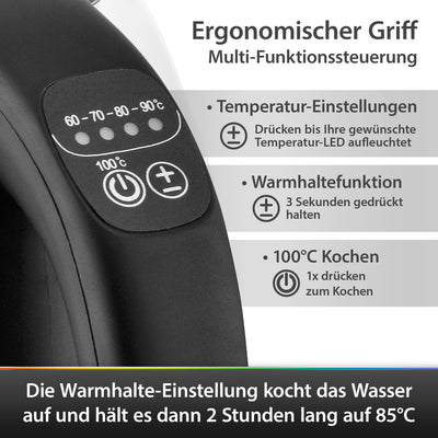 T24 Wasserkocher Glas 1,7 L, Wasserkocher mit Temperatureinstellung 60, 70, 80, 90, 100 °C, Wasserkocher 2.200W, Wasserkocher Schwarz mit LED Beleuchtung