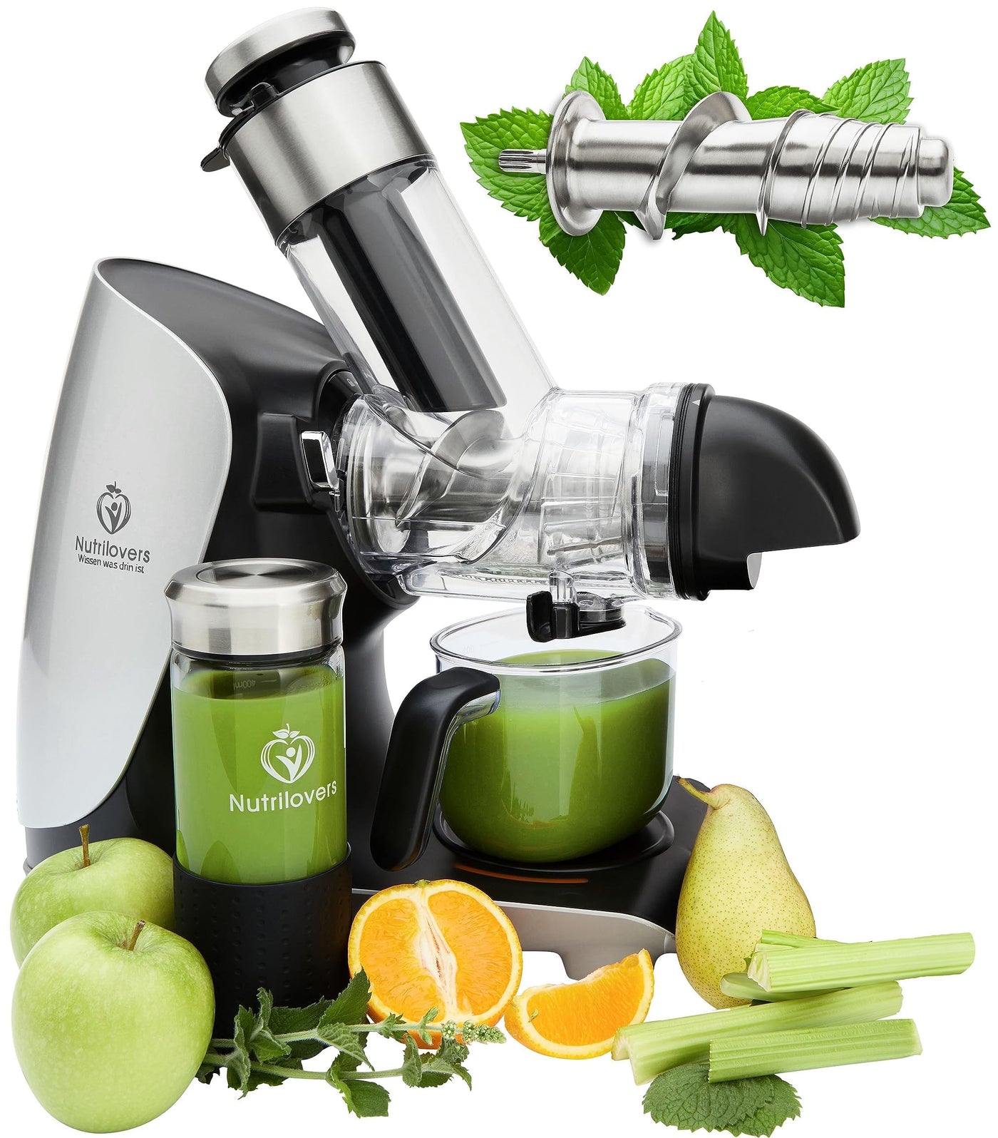 GREEN-PRESS EDELSTAHL Slow Juicer 304 Edelstahl Schnecke BPA-frei I DEUTSCHE MARKE I Ganze Früchte Sellerie Gemüse und Obst Entsafter Testsieger 2023 Allrounder Saftpresse elektrisch