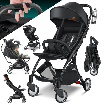 KIDIZ® Kinderwagen Premium Kinderbuggy klappbar Liegebuggy Sportwagen Faltbar 360°Räder 5-Punkt Gurt Inkl. Getränkehalter & Regenabdeckung, verstellbare Rückenlehne & Sonnenverdeck Schwarz