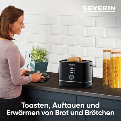 SEVERIN Automatik-Toaster, kleiner Toaster für 2 Scheiben , hochwertiger schwarzer Toaster zum Toasten, Auftauen und Erwärmen, 850 W, schwarz, AT 4321