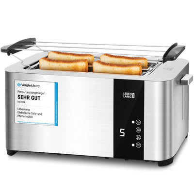 LEBENLANG Langschlitz Toaster 4 Scheiben mit Brötchenaufsatz - Touchscreen LED Display & 7 Stufen I 1400W 4er Langschlitztoaster Edelstahl Gebürstet I Smart Touch Toster für große Toastscheiben xxl