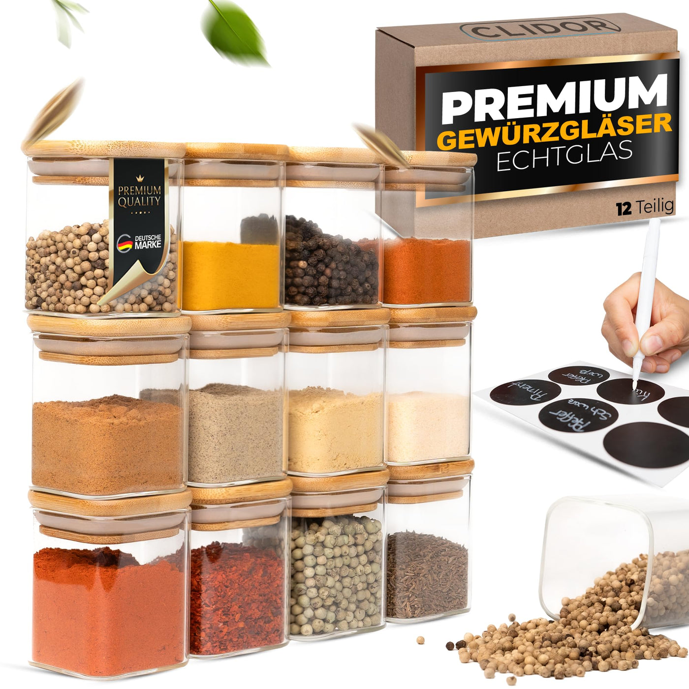 CLIDOR ® Gewürzgläser Eckig - 12 x 160 ml Set - Extra dickes Glas - Stapelbare Gewürzdosen mit Holzdeckel - Gewürz Organizer klein für die Küche - Spice Jars - geeignet als Gewürzaufbewahrung