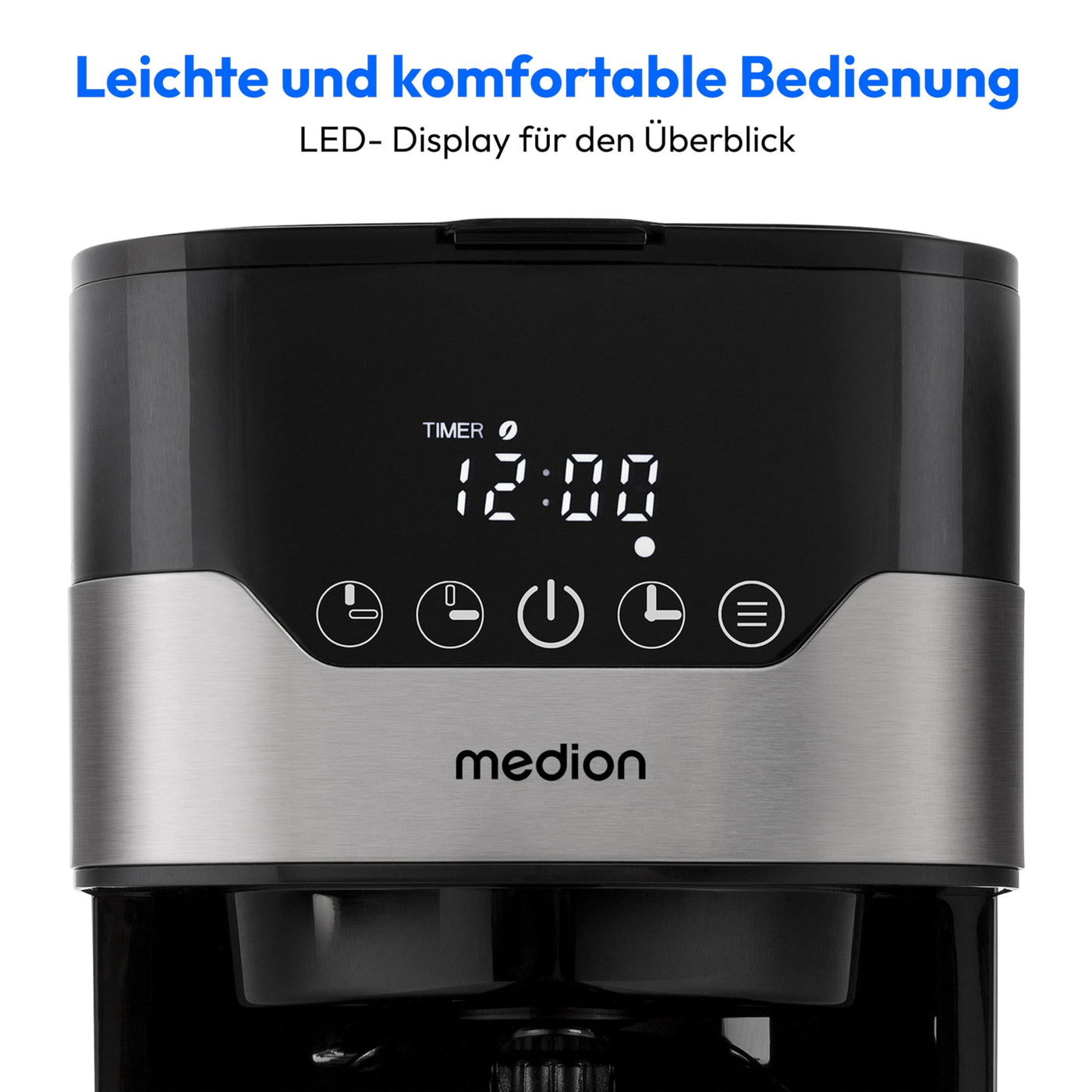 MEDION Kaffeemaschine mit Thermoskanne und Timer (Filtermaschine, 8 Tassen, 1,2 Liter, 900 Watt, 3 Stufen, Warmhaltefunktion, Timer Zeitschaltuhr, Antitropf, Display, MD18458) edelstahl