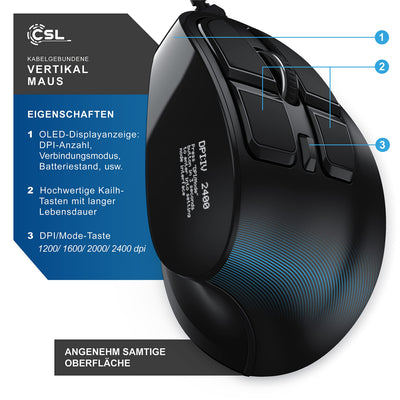 CSL - Gaming vertikale Maus mit OLED Display 2400 DPI - programmierbare Tasten - Office Mouse – mit Kabel - kabelgebunden - gegen Mausarm - mit Kailh Switche - Vertikalmaus ergonomisches Design