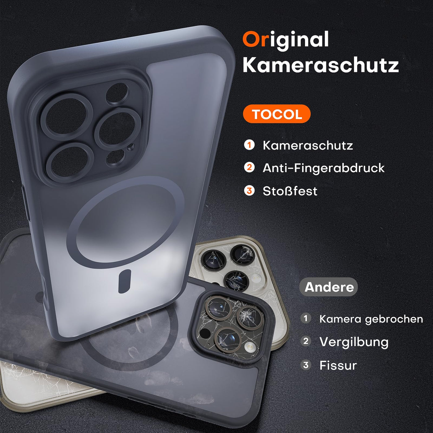 TOCOL 3 in 1 für iPhone 16 Pro Max Hülle für Magsafe, mit 2 Schutzglas, Vollständiger Kameraschutz Stoßfest Kratzfest Magnetisch Handyhülle für iPhone 16 Pro Max Case, Schwarz