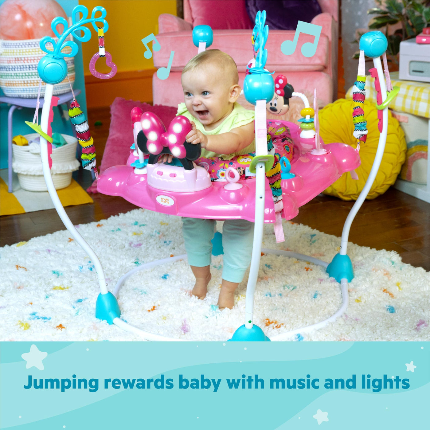 Bright Starts, Disney Baby, Minnie Maus Peekaboo, Spring- und Spielcenter mit Spielstation mit Lichtern und Musik, 12 Aktivität Spielzeug, 360° drehender Sitz, höhenverstellbares, Kinder ab 6 Monaten