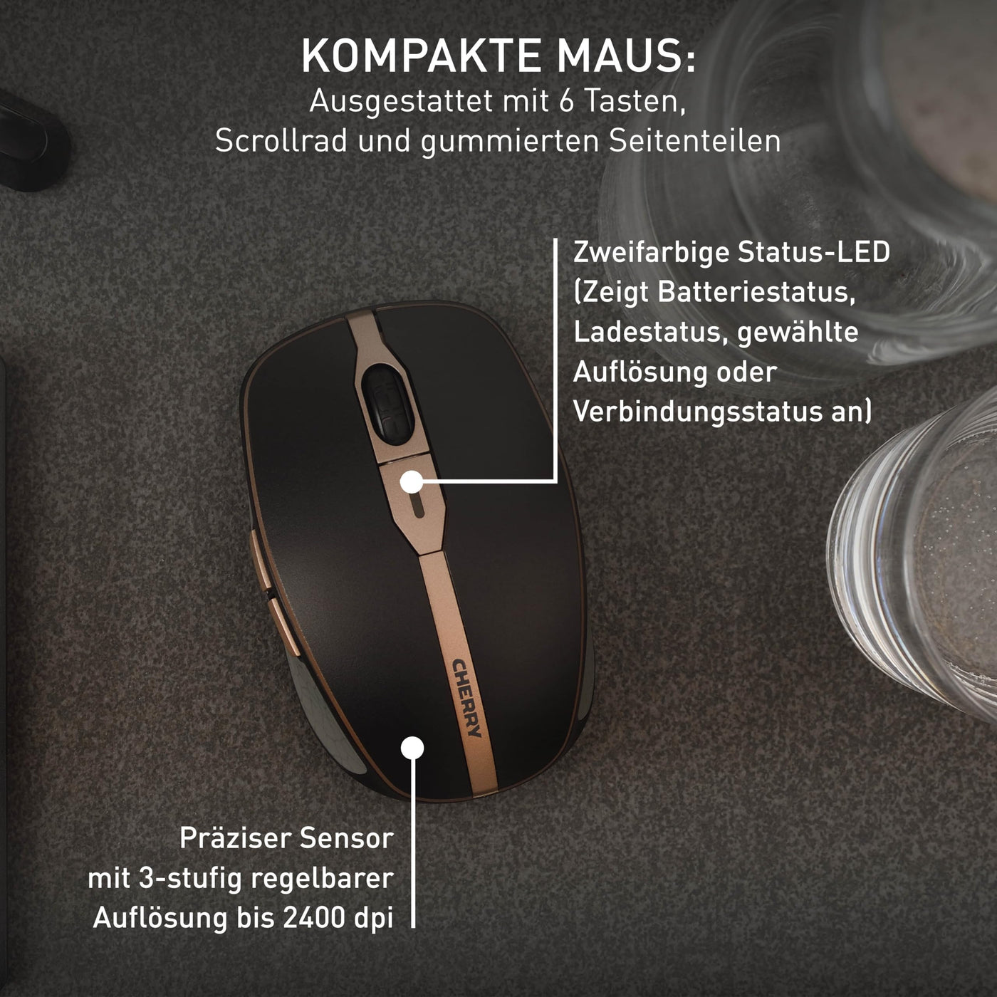 CHERRY DW 9100 SLIM, Kabelloses Tastatur- und Maus-Set, EU-Layout (QWERTY), Bluetooth & 2,4 GHz Funk, Leise Tasten, Wiederaufladbar, Schwarz-Bronze