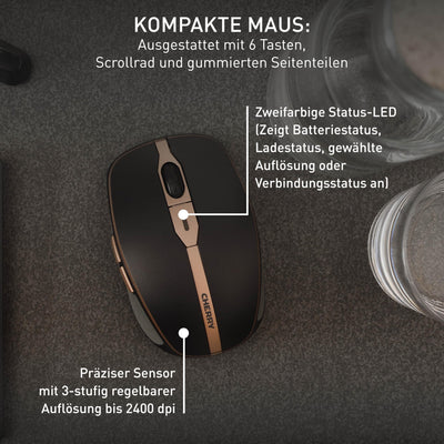 CHERRY DW 9100 SLIM, Kabelloses Tastatur- und Maus-Set, UK-Layout (QWERTY), Bluetooth & 2,4 GHz Funk, Leise Tasten, Wiederaufladbar, Schwarz-Bronze