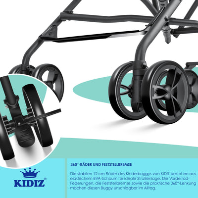 KIDIZ® Kinderwagen CITY Buggy Kinderbuggy klappbar Sportwagen Faltbar 360° 4-Zoll-Räder Inkl. Sonnen- und Regenverdeck zusammenklappbar 5-Punkt-Sicherheitsgurt ab 6 Monate, Schwarz