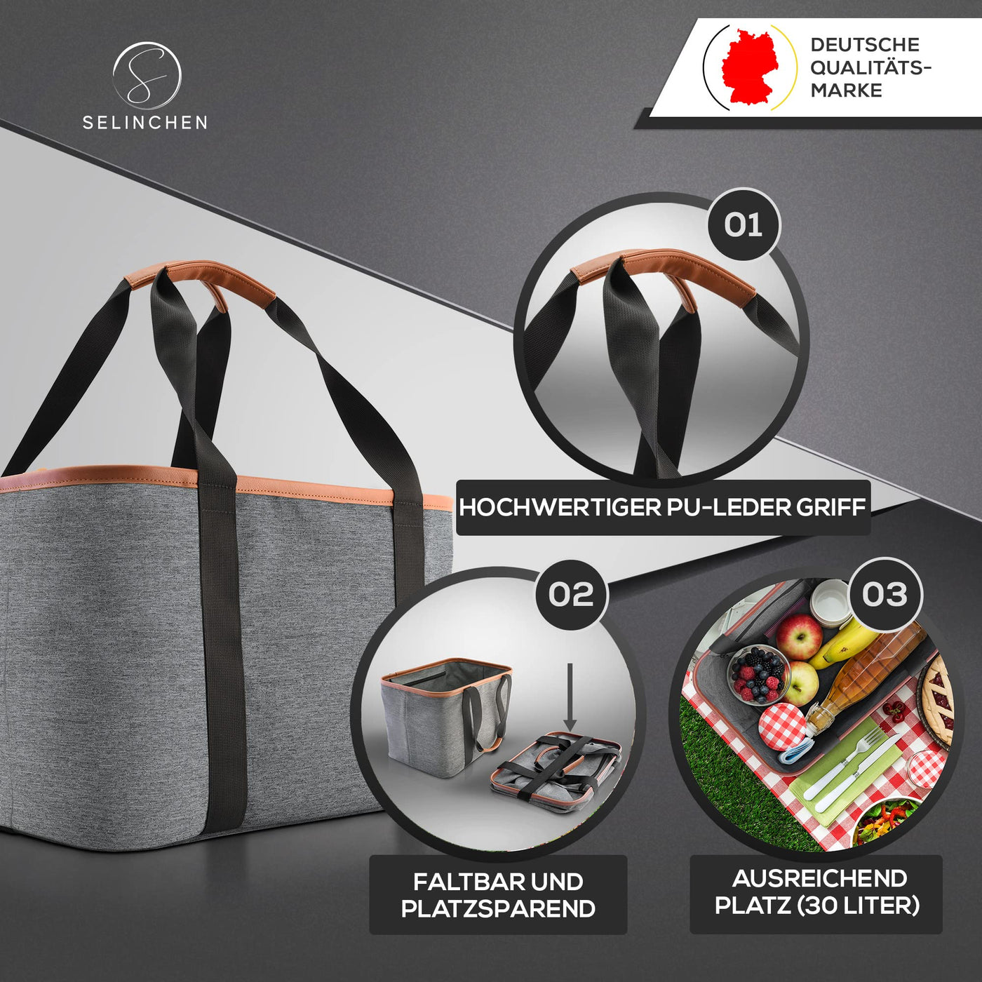 Selinchen® - Premium Einkaufskorb | Hochwertige Einkaufstasche faltbar und mit PU-Ledergriff | Ideal als eleganter Picknickkorb oder Shopper | 30 Liter (Grau)