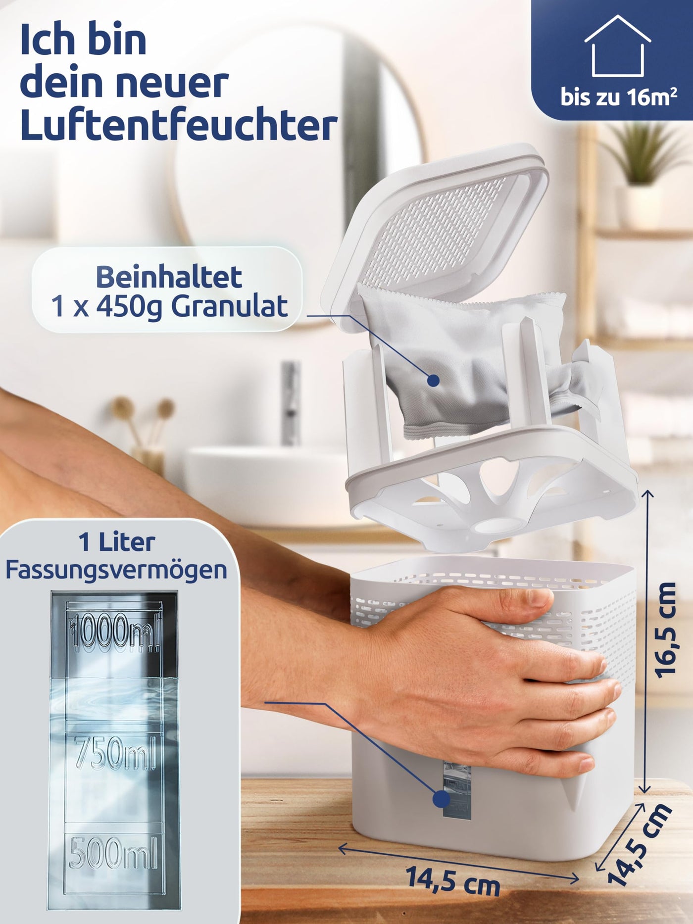 BonAura® AirOne Lite Luftentfeuchter ohne Strom mit 360° Belüftung I Raumentfeuchter mit Ausgießer & 450g Luftentfeuchter Granulat I Raum Entfeuchter für Bad & Küche bis 16m²