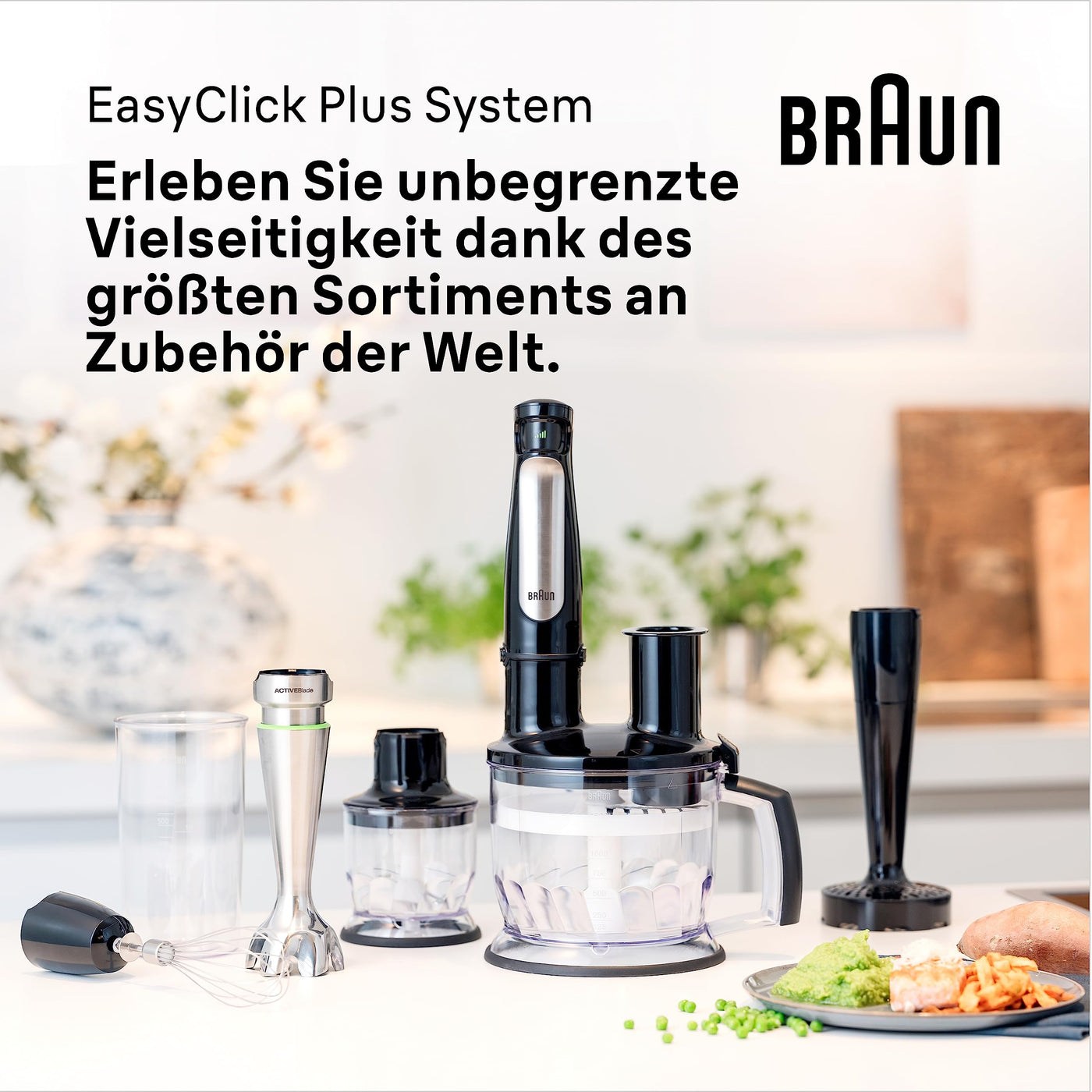 Braun MultiQuick 7 MQ 7045X Stabmixer - Pürierstab mit abnehmbarem Edelstahl Mixfuß mit ActiveBlade Technologie zum Pürieren der härtesten Zutaten, inkl. 4-teiliges Zubehör Set, 1000 Watt, Schwarz