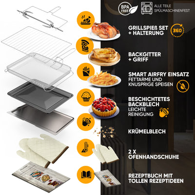 Stillstern Minibackofen mit Umluft (45L) DE Version, Pizza Ø32cm, NEU: CYCLONE PRO+ (Antihaftbeschichtung), 13 Programme, Auftauen&Warmhalten, 8h Timer, Rezeptheft, Mini Backofen Pizzaofen Grill