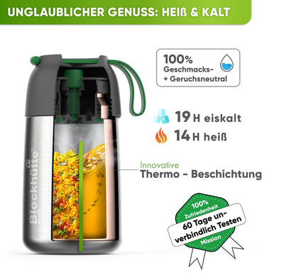 Blockhütte Edelstahl Thermobehälter für Essen I 730 ml I mit Löffel, Thermo Lunchbox für Kinder, Erwachsene, Suppen, Babybrei Warmhaltebox, To-Go Suppenbehälter, Thermobox Mittagessen