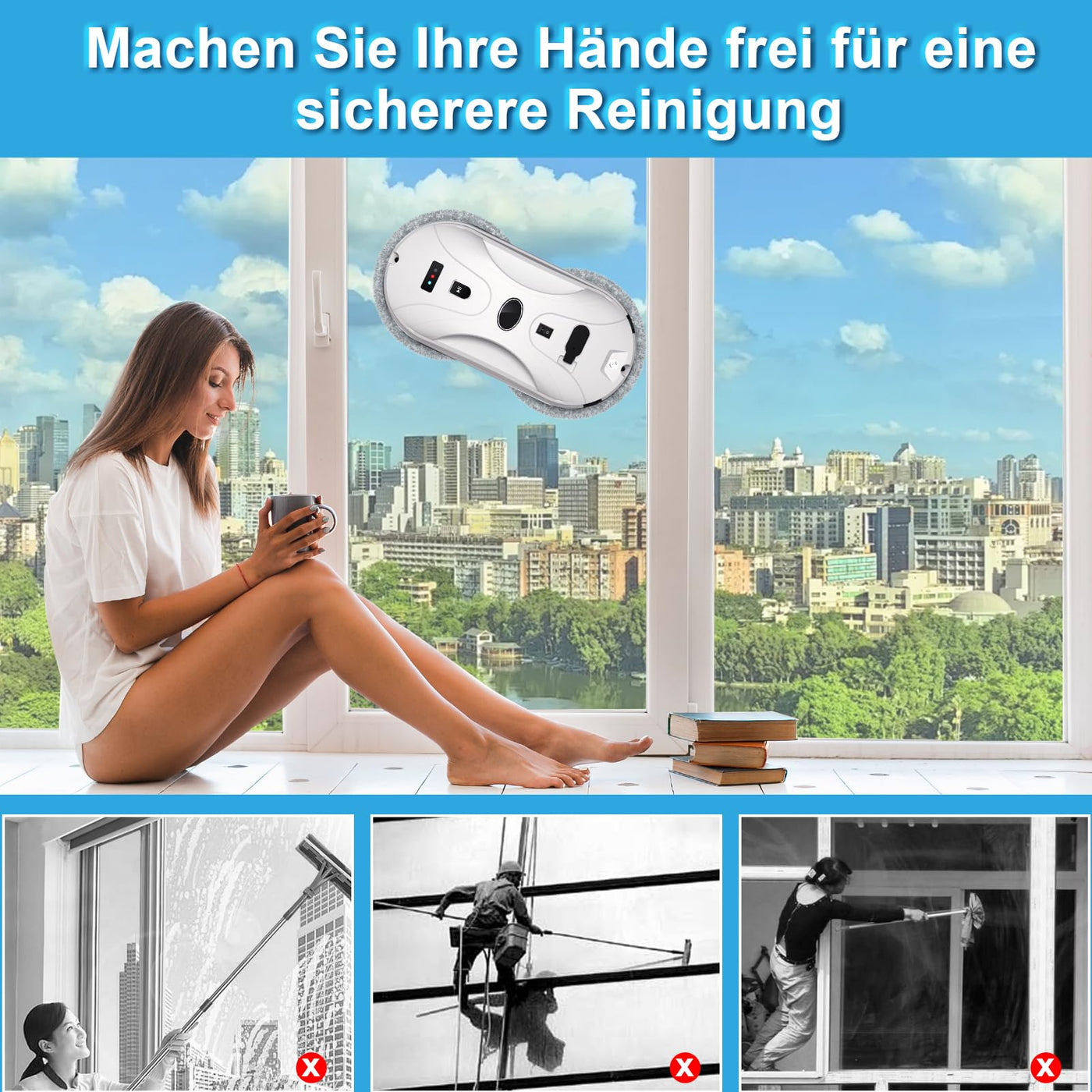 Fenster Roboter, Window Cleaner Robot, Fensterputzroboter mit Automatischem Wasserstrahl, 3000 Pa Starke Saugkraft Fenster Roboter für alle glatten Oberflächen im Innen- und Außenbereich