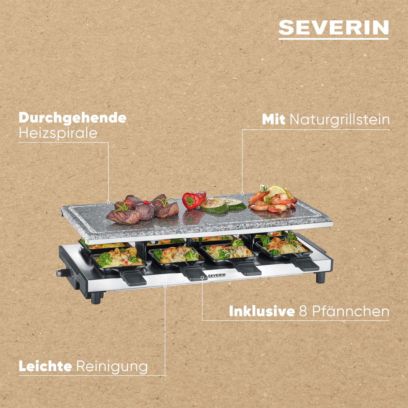 SEVERIN Raclette mit Naturgrillstein, elektrischer Tischgrill, Raclette für 8 Personen mit Grillplatte und 8 Pfännchen, Kunststoff/Edelstahl, schwarz, RG 2374