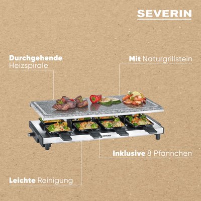 SEVERIN Raclette mit Naturgrillstein, elektrischer Tischgrill, Raclette für 8 Personen mit Grillplatte und 8 Pfännchen, Kunststoff/Edelstahl, schwarz, RG 2374