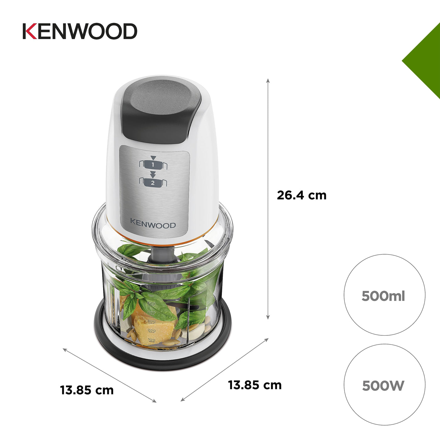 Kenwood Easy Chop CHP61.100WH Zerkleinerer, elektrischer Mini Universalzerkleinerer mit 2 Geschwindigkeitsstufen, 0,5 l Arbeitsbehälter, 500 Watt, Weiß