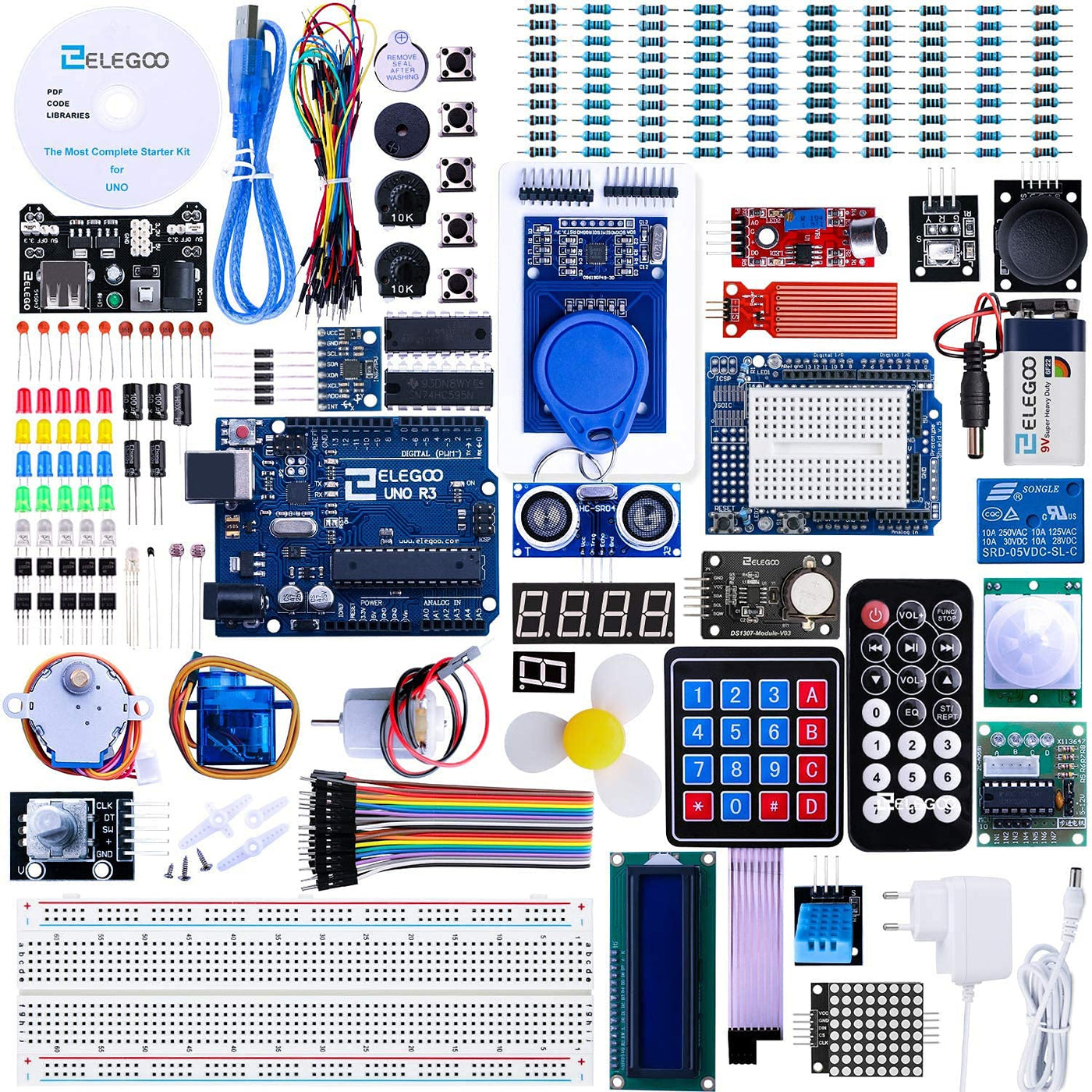 ELEGOO UNO R3 Ultimate Starter Kit, Kompatibel mit Arduino IDE Vollständigster Elektronik Projekt Baukasten mit deutschem Tutorial, UNO R3 Mikrocontroller Board und Zubehör (mehr als 200 Teile)