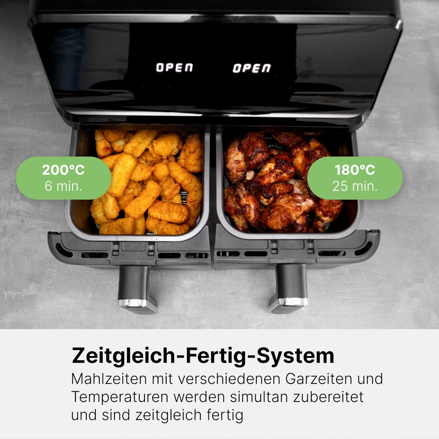 Clatronic® Doppel-Heißluftfritteuse | 8 Liter | XXL Heißluftfritteuse | Doppelkammer | Frittieren mit heißer Luft ohne zusätzliches Öl | 8 Programme | Air Fryer |Touchscreen | 2700 Watt | FR 3804 H