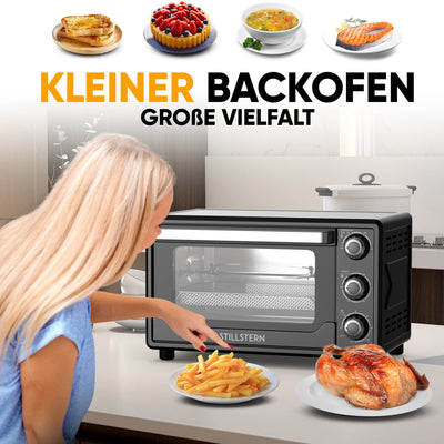 Stillstern Minibackofen mit Umluft (25L) NEU: CYCLONE PRO+ (Antihaftbeschichtung), DE Version, Airfryer-Einsatz, Rezeptheft, Drehspieß, 1500W Toaster Grill Pizzaofen Mini Backofen Ideal für Camping