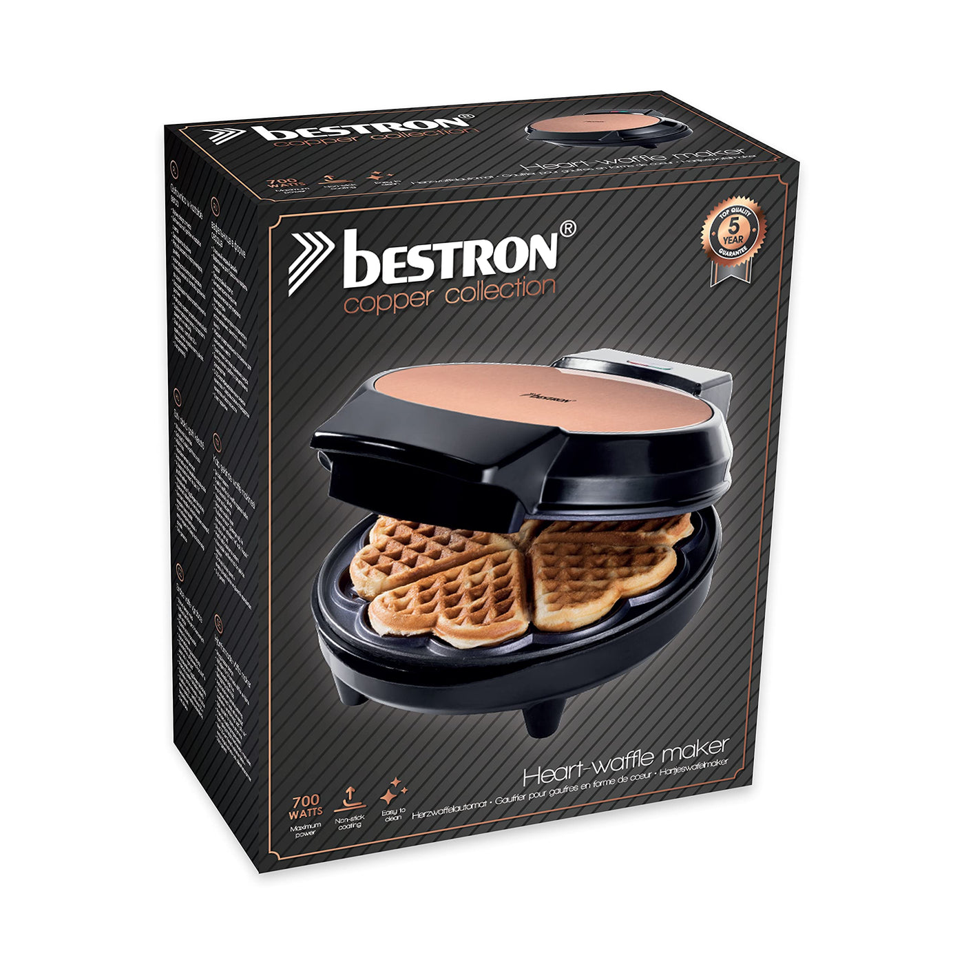 Bestron Waffeleisen für klassische Herzwaffeln, Waffelautomat mit Antihaftbeschichtung für Waffeln in Herzform, 700 Watt, Farbe: Kupfer