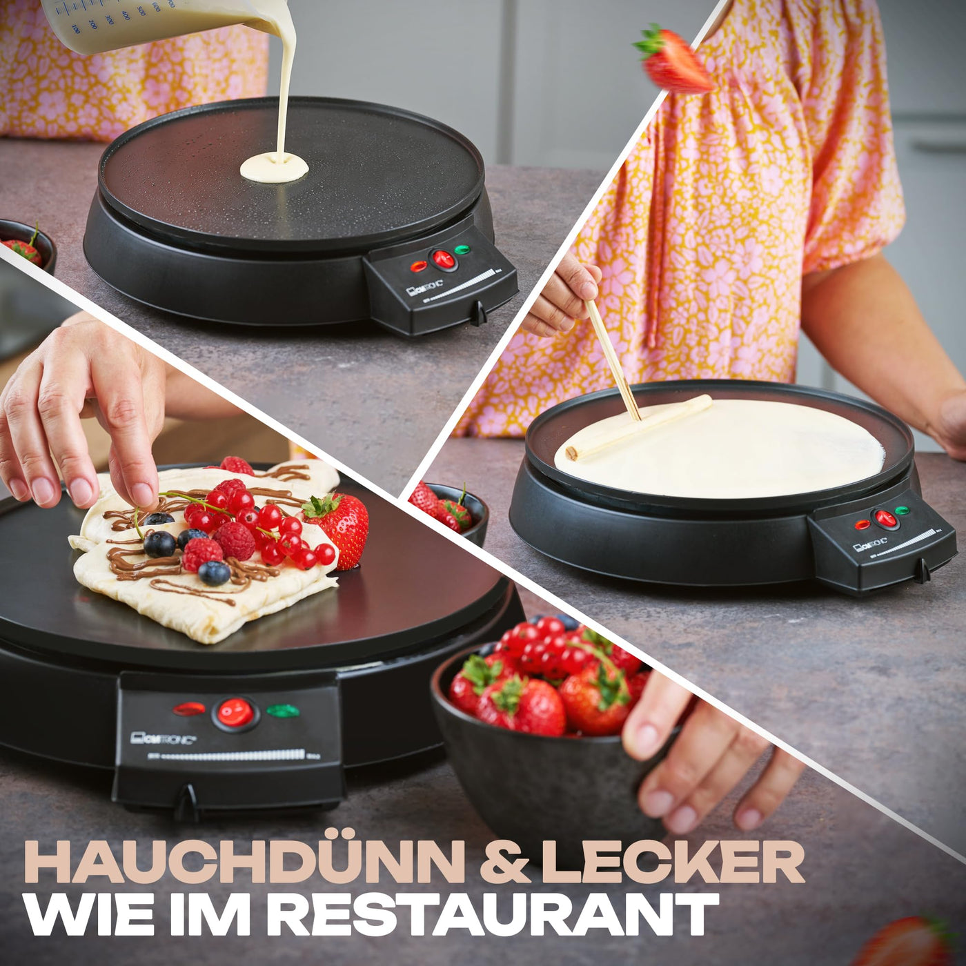 Clatronic Crepes Maker für Crepes mit Ø 29 cm | Crepe Maker inkl. Teigverteiler | antihaftbeschichter Oberfläche | Stufenlos regelbarer Thermostat u. Backampel | Pfannkuchen Maker mit 900 W | CM 3372