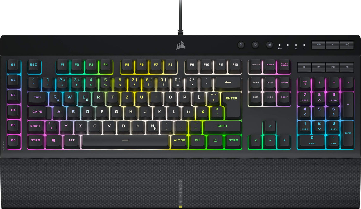 CORSAIR K55 RGB PRO XT Kabelgebundene Membrantastatur - IP42 Staub- Und Spritzwassergeschützt - 6 Makro-Tasten Mit Elgato-Integration - iCUE-Kompatibel - QWERTZ DE - PC, Mac, Xbox - Schwarz