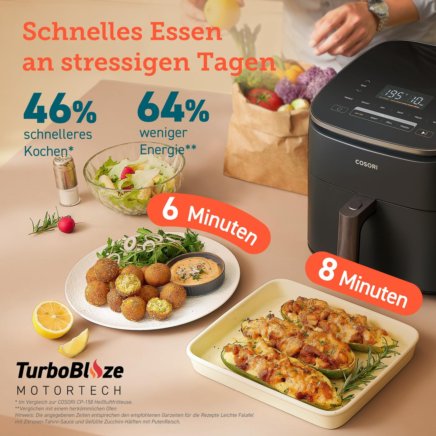 Cosori Turboblaze Heißluftfritteuse Airfryer, 9-in-1 Air Fryer XXL 6L, leiser DC Motor mit 5 Geschwindigkeitsstufen, Grillen, Backen, Gären, Dehydrieren, Tiefkühlen, 87 Rezepte, 64% energiesparend