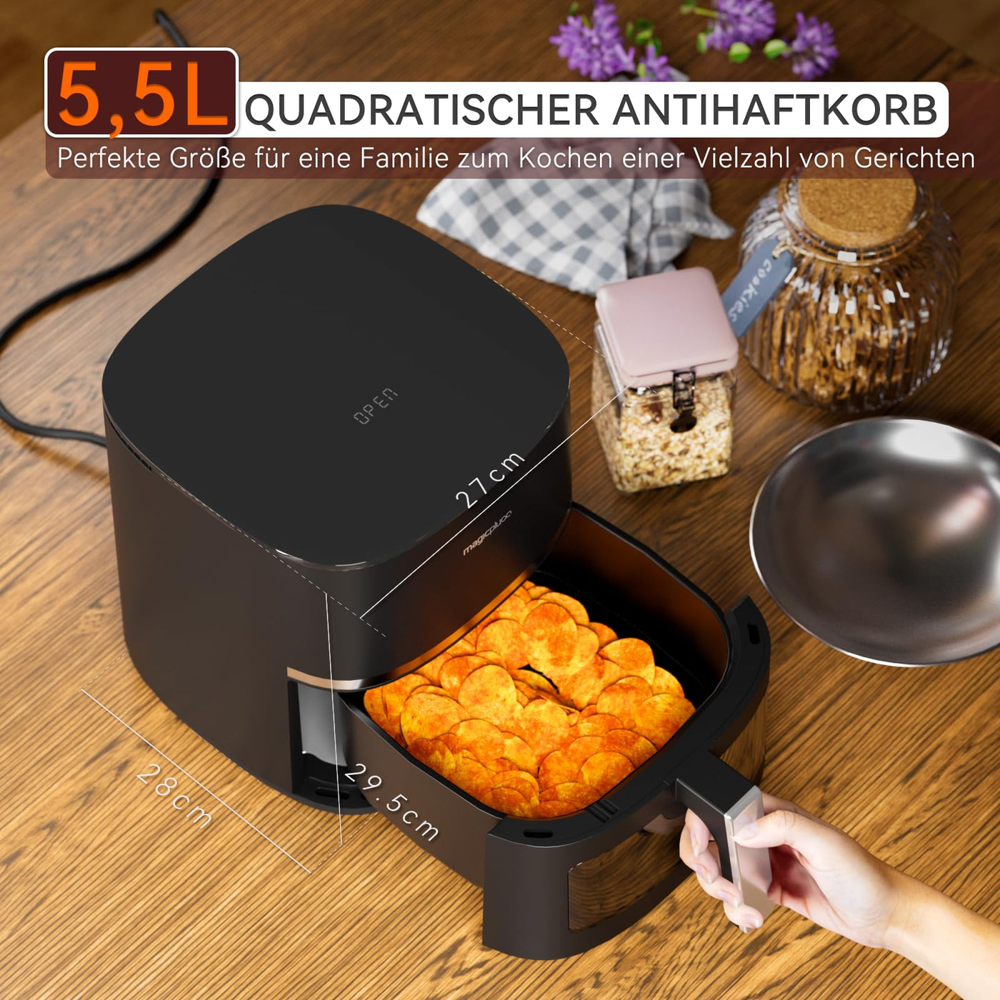 magicplux Heißluftfritteuse 5,5L XXL, 1500W Airfryer mit 13 Vorprogrammierte, X CYCLONE AIR-Technologie, Visualisierungsfenster, 21 Rezept, Spülmaschinenfest, Schwarz