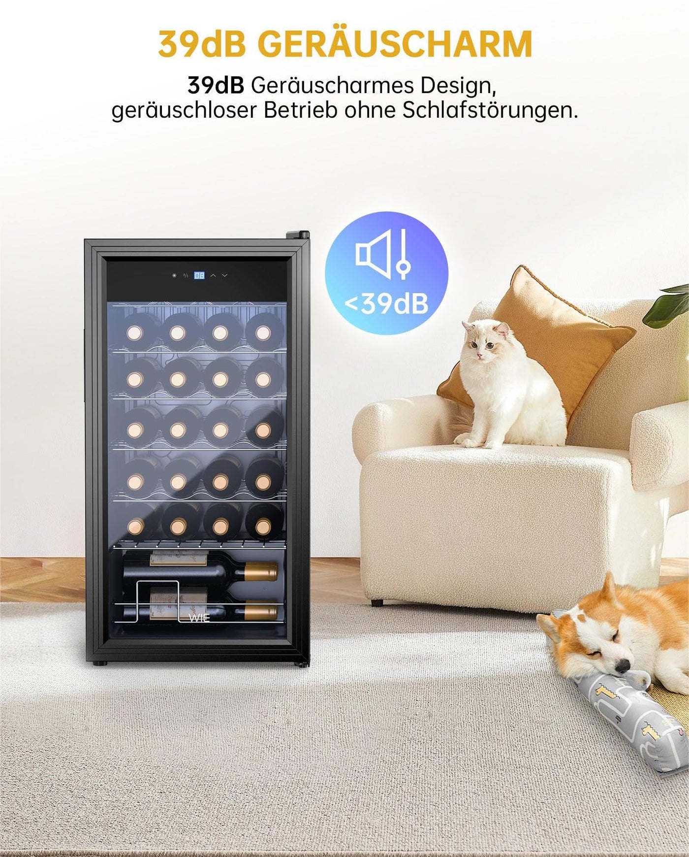 WIE Weinkühlschrank Compressor 82 Liter 28 Flaschen Getränkekühlschrank Kleiner Weinschrank Klein mit Glastür,Vollglas-Designtür mit LED Touchpanel,Anti-UV, Wine Fridge 5-18°C