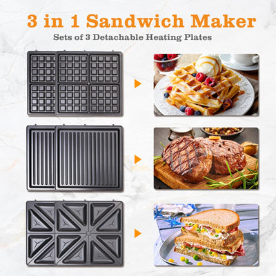 Taylor swoden - Bruno 3 in 1 Sandwichmaker, Waffeleisen, Backblech, 1200 W, für 4 Sandwiches, herausnehmbares Antihaft-Blech, 180° Wendung für schnelles und gleichmäßiges Backen, BPA-frei