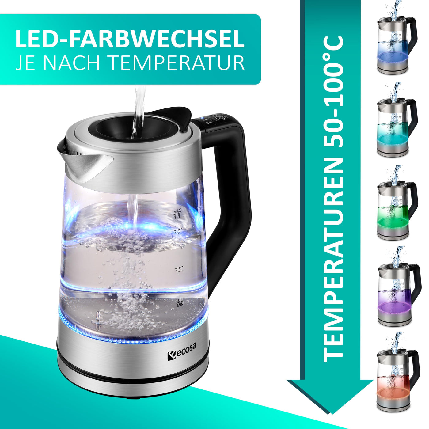 Glas Wasserkocher 1,7 Liter | 2200 Watt | Edelstahl mit Temperaturwahl | Teekocher | 100% BPA FREI | Warmhaltefunktion | LED Beleuchtung im Farbwechsel | Temperatureinstellung (50°C-100°C)