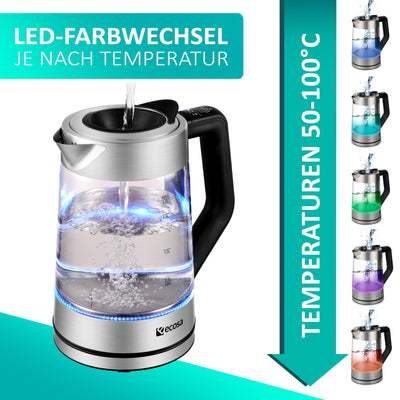 Glas Wasserkocher 1,7 Liter | 2200 Watt | Edelstahl mit Temperaturwahl | Teekocher | 100% BPA FREI | Warmhaltefunktion | LED Beleuchtung im Farbwechsel | Temperatureinstellung (50°C-100°C)